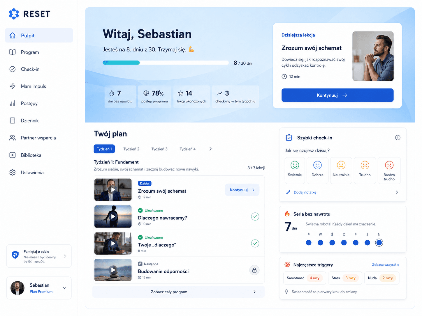 Podgląd pulpitu RESET: plan dnia, seria i check-in